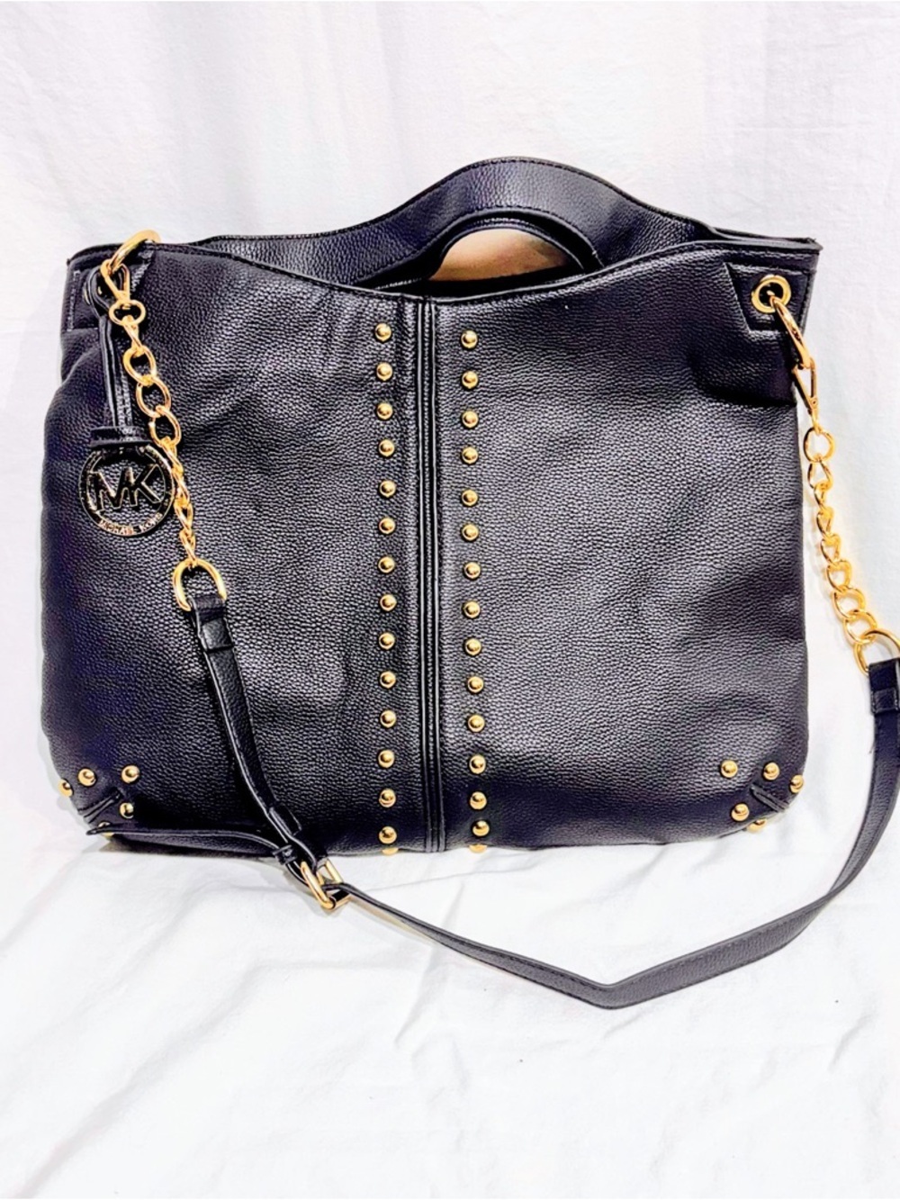 Michael Kors Black Gold Studded Leather Hobo Bag Chain Strap Shoulder Purse
